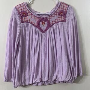 FREE PEOPLE Shirt Purple Begonia Embroidered Blouson Top Sz S Boho Cottagecore​​